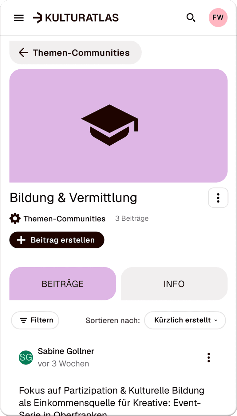 Screen der Themencommunity für Digitales, wie z.B. Digitale Formate oder Ticketing.