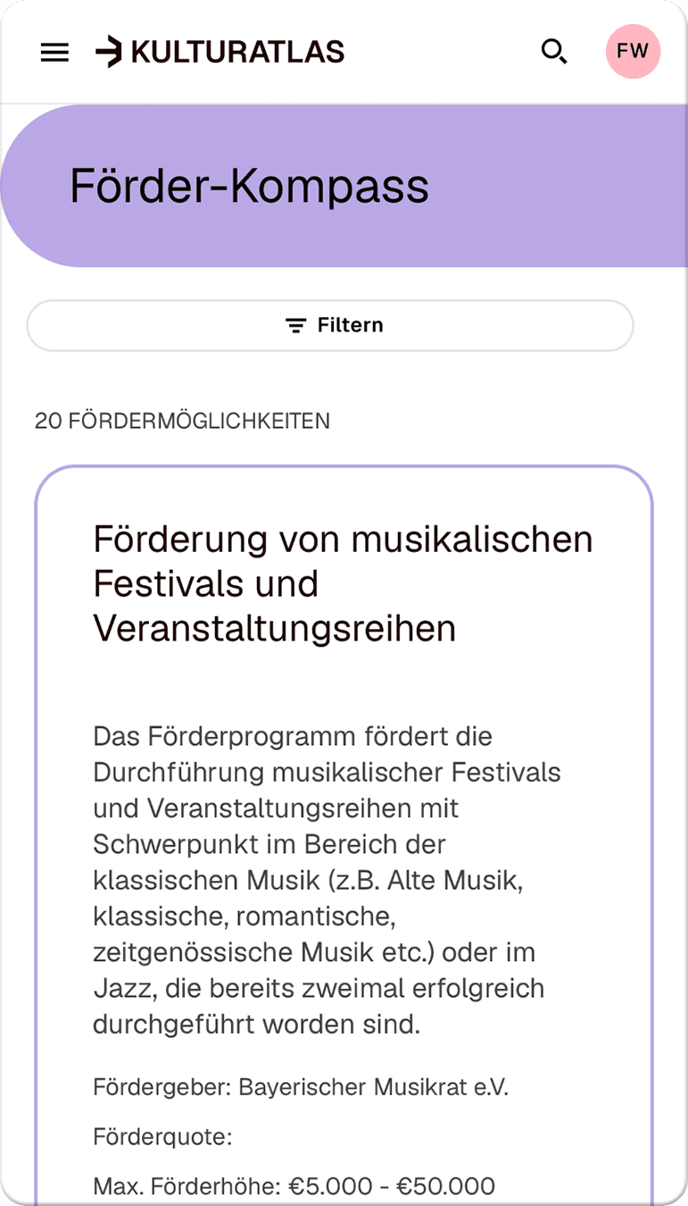 Screen des Förder-Kompass im Kulturatlas Bayern, der eine Suche nach Fördermitteln bietet.