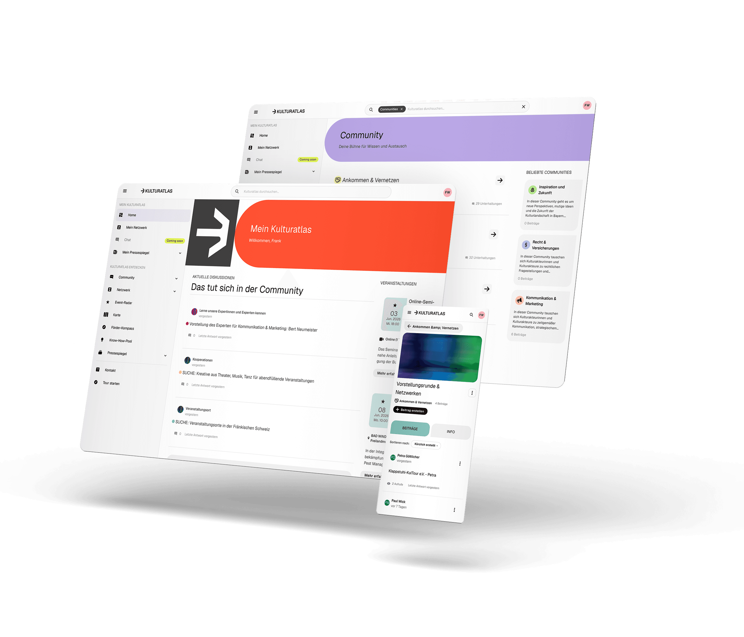 Screens der digitalen Plattform Kulturatlas Bayern mit Startbildschirm, Communities und mobilem Screen