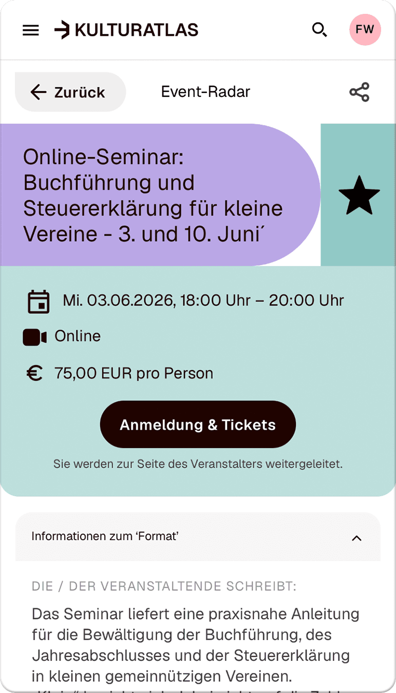Screen des Event-Radars, in dem man Workshops, Fortbildungen und Support für Kulturschaffende findet.
