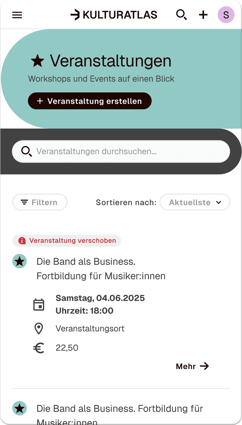 Ein Screenshot der Kulturatlas Webseite mit der Übersicht von eingestellten Veranstaltungen.