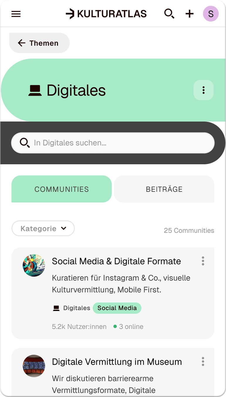 Screen der Themencommunity für Digitales, wie z.B. Digitale Formate oder Ticketing.