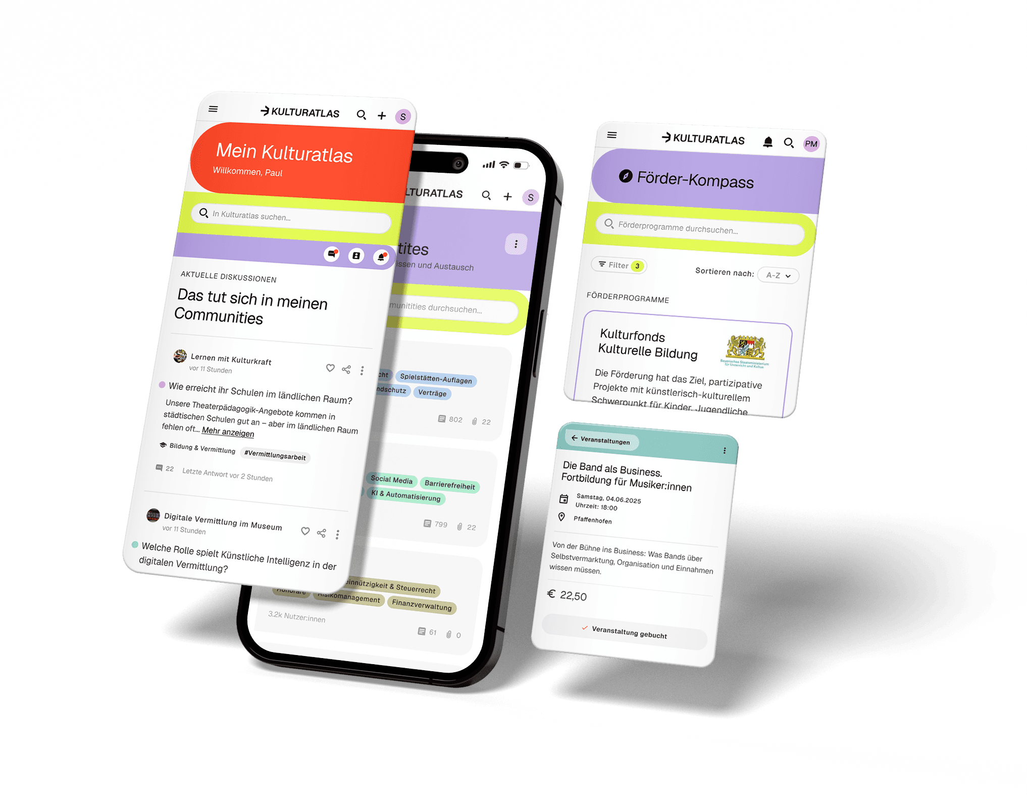 Screens der mobilen Startseite Kulturatlas mit dem Feature Förder-Kompass und Infos zu Fortbildungen und Workshops
