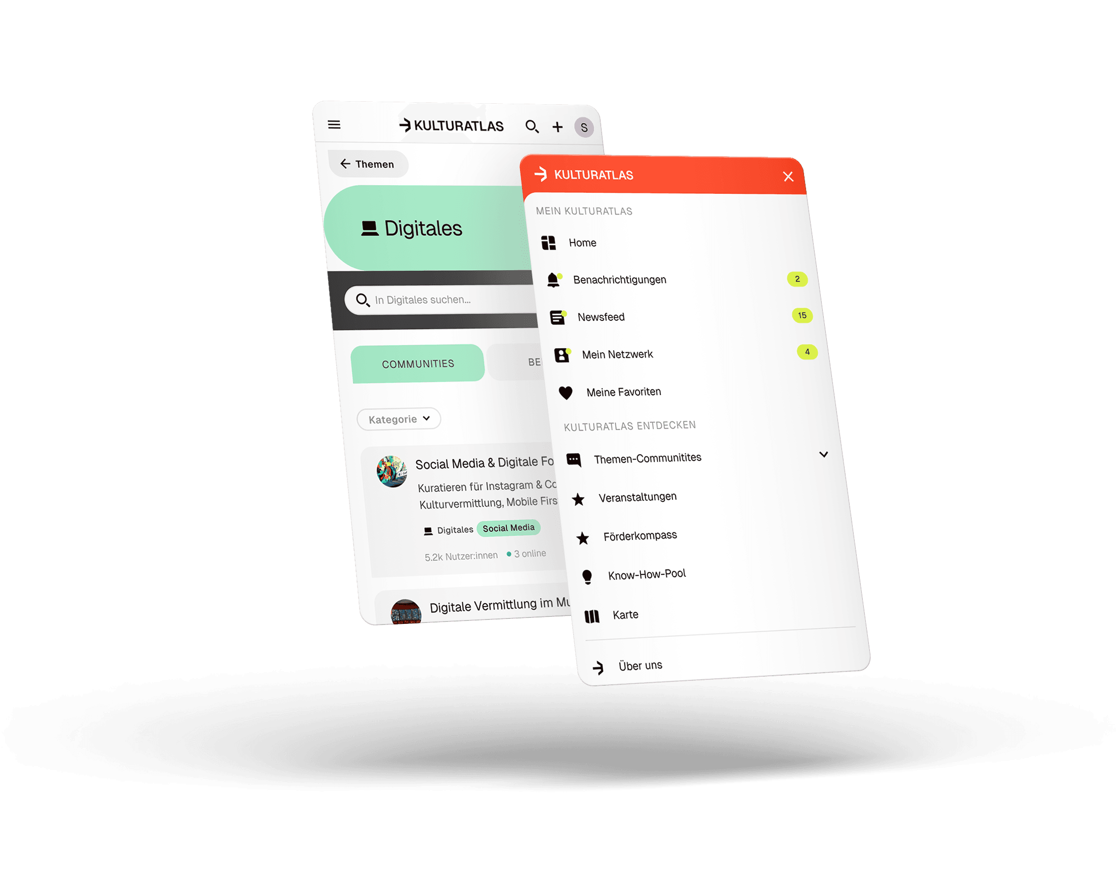 Featureübersicht Kulturatlas: Kulturportal mit Förder-Kompass, Event-Radar, Know-How-Pool und Beiträgen der Communities.