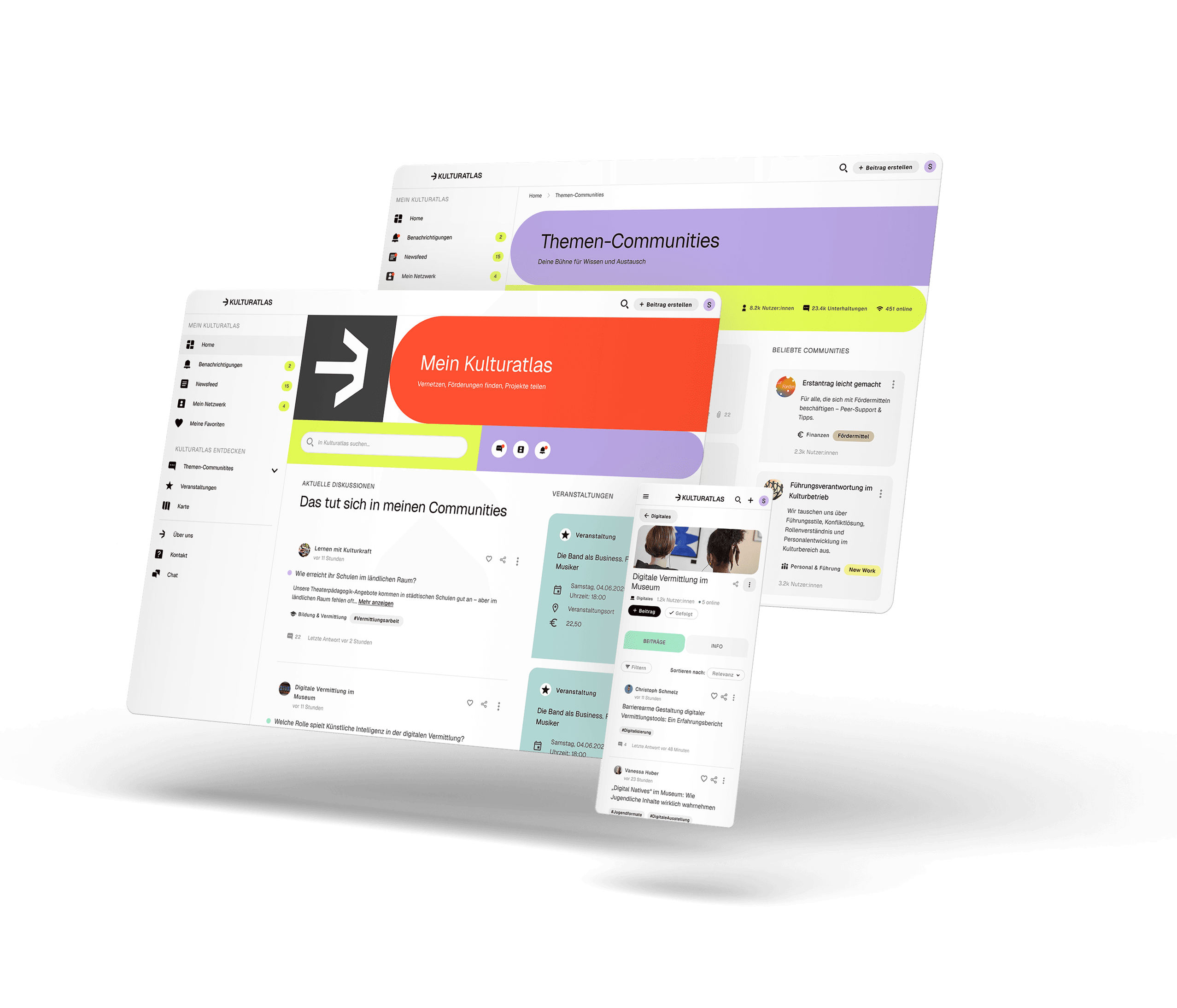Screens der digitalen Plattform Kulturatlas Bayern mit Startbildschirm, Themen-Communities und mobilem Screen